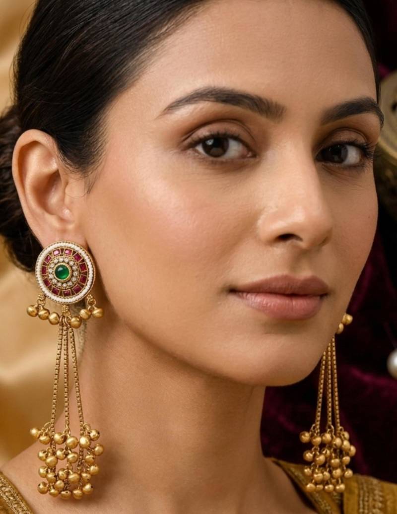Women gold-toned & pink antique kashmiri floral stud earrings with ghungroo drop tassels