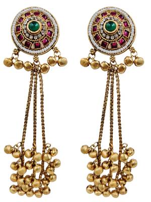 Women gold-toned & pink antique kashmiri floral stud earrings with ghungroo drop tassels 3