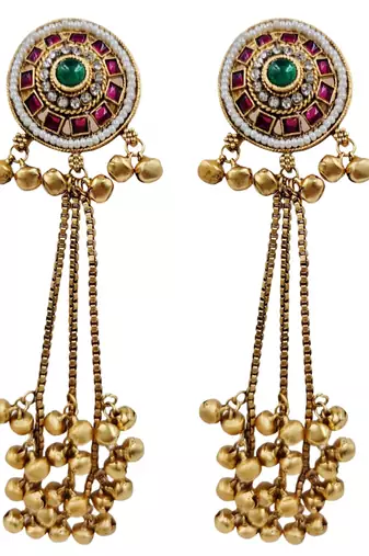 Women gold-toned & pink antique kashmiri floral stud earrings with ghungroo drop tassels