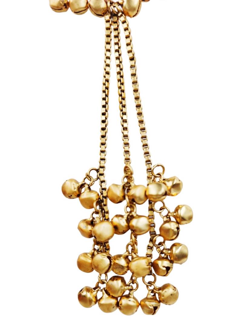Women gold-toned & pink antique kashmiri floral stud earrings with ghungroo drop tassels