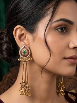Women gold-toned & pink antique kashmiri floral stud earrings with ghungroo drop tassels 1