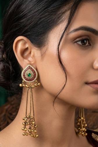 Women gold-toned & pink antique kashmiri floral stud earrings with ghungroo drop tassels