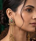 Women gold-toned & pink antique kashmiri floral stud earrings with ghungroo drop tassels
