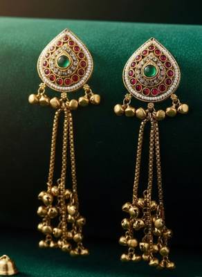 Women gold-toned & pink antique kashmiri floral stud earrings with ghungroo drop tassels 3