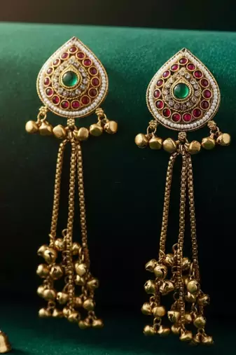 Women gold-toned & pink antique kashmiri floral stud earrings with ghungroo drop tassels