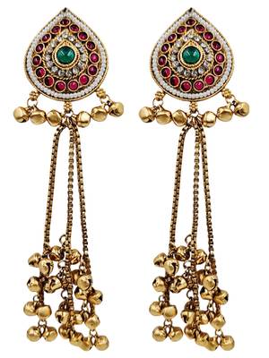 Women gold-toned & pink antique kashmiri floral stud earrings with ghungroo drop tassels 4