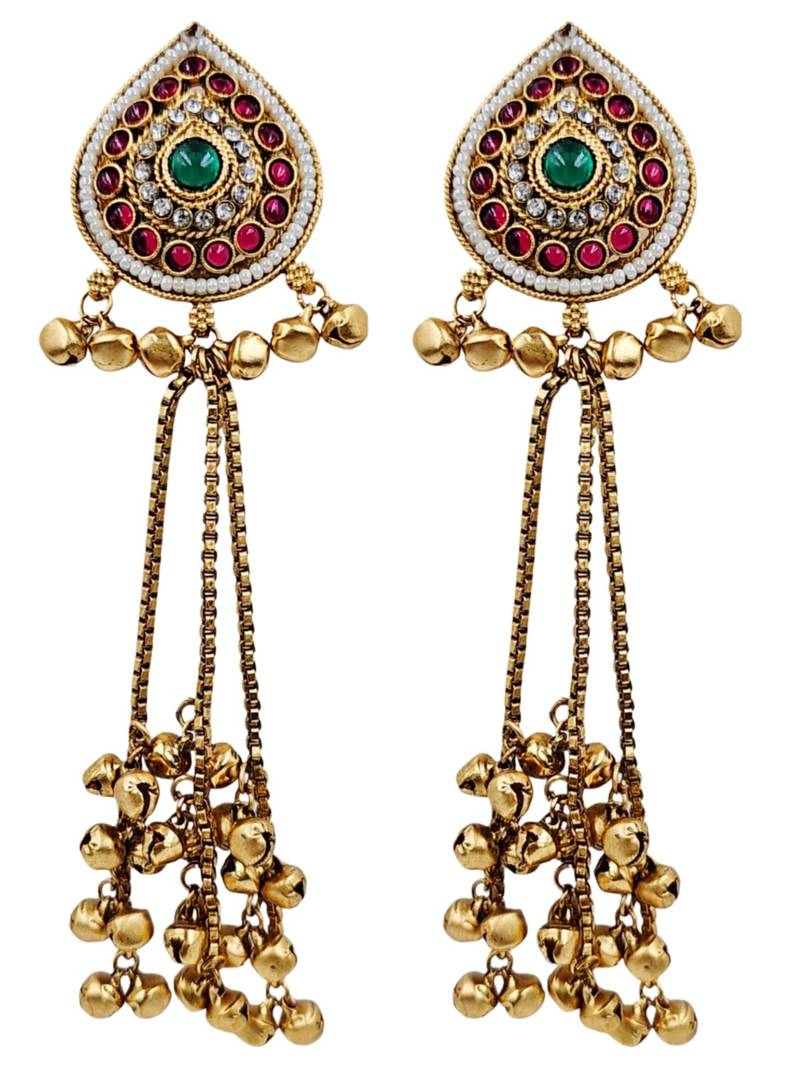 Women gold-toned & pink antique kashmiri floral stud earrings with ghungroo drop tassels