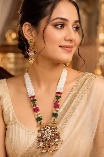 Gold-plated beaded kundan & meenakari long rani haar jewellery set