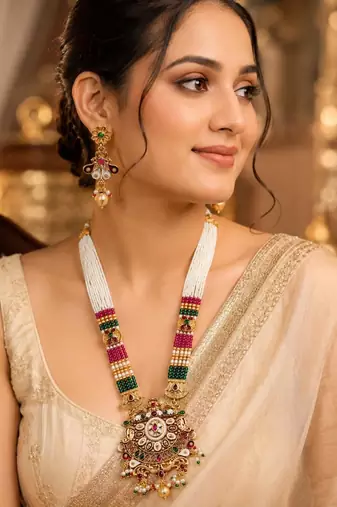 Gold-plated beaded kundan & meenakari long rani haar jewellery set