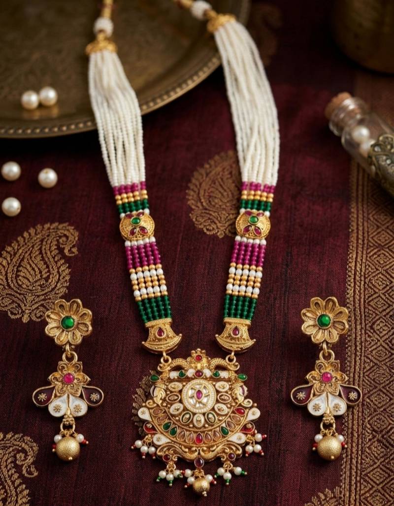 Gold-plated beaded kundan & meenakari long rani haar jewellery set