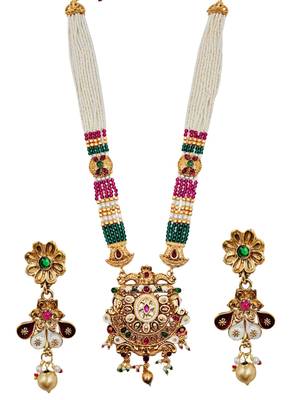 Gold-plated beaded kundan & meenakari long rani haar jewellery set 4