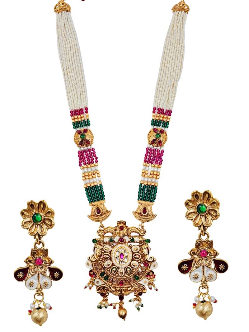 Gold-plated beaded kundan & meenakari long rani haar jewellery set