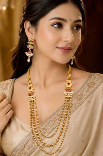 Gold-plated meenakari multi-strand long necklace set with drop earrings