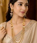 Gold-plated meenakari multi-strand long necklace set with drop earrings