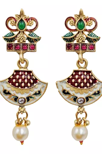 Gold-plated meenakari multi-strand long necklace set with drop earrings