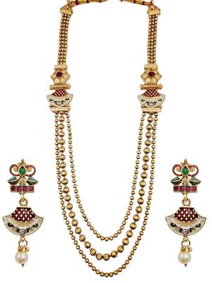 Gold-plated meenakari multi-strand long necklace set with drop earrings 4