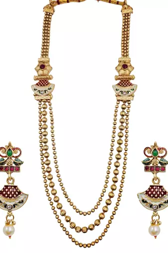 Gold-plated meenakari multi-strand long necklace set with drop earrings