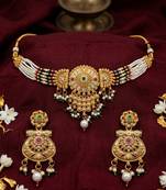 Gold-toned multi-strand pearl choker jewellery set with matching earrings