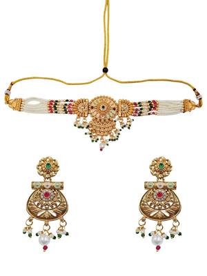 Gold-toned multi-strand pearl choker jewellery set with matching earrings 4