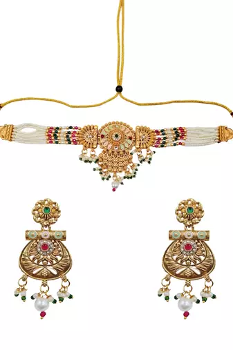 Gold-toned multi-strand pearl choker jewellery set with matching earrings