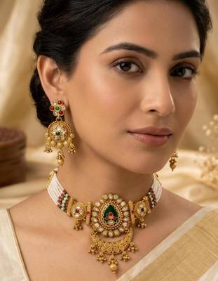 Women gold-plated kundan & pearl studded multi-strand choker jewellery set 1
