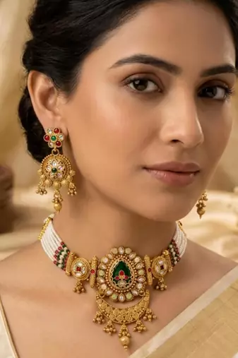 Women gold-plated kundan & pearl studded multi-strand choker jewellery set