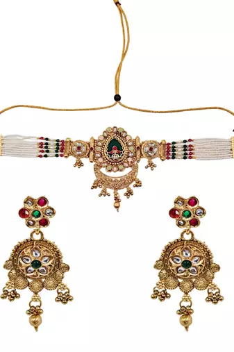 Women gold-plated kundan & pearl studded multi-strand choker jewellery set