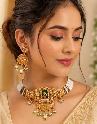 Gold-plated peacock & kundan studded choker jewellery set with earrings 1