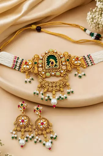 Gold-plated peacock & kundan studded choker jewellery set with earrings