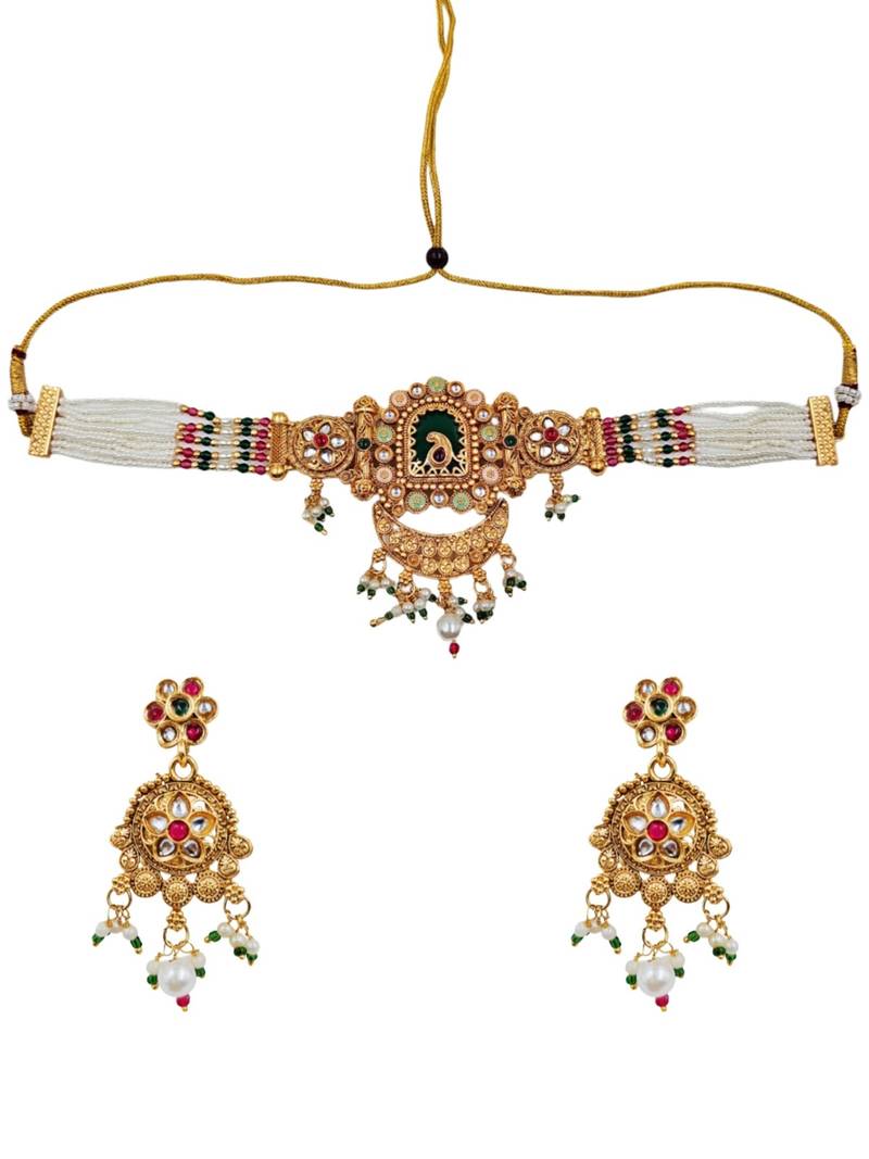 Gold-plated peacock & kundan studded choker jewellery set with earrings