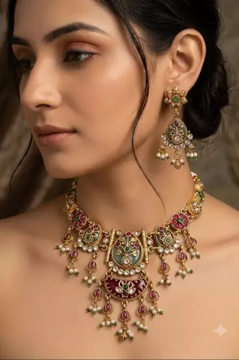 Gold-plated green & ruby enamelled kundan studded choker jewellery set