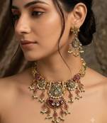 Gold-plated green & ruby enamelled kundan studded choker jewellery set