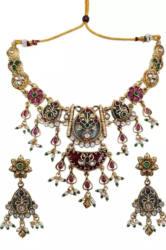 Gold-plated green & ruby enamelled kundan studded choker jewellery set