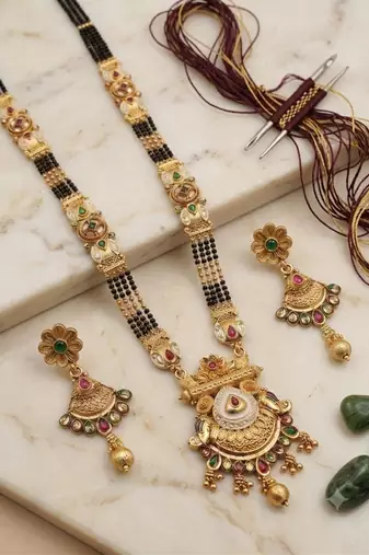 Gold-toned & multi-colored enamel beaded long mangalsutra necklace set with earrings