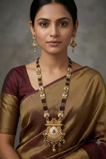 Gold-toned & multi-colored enamel beaded long mangalsutra necklace set with earrings