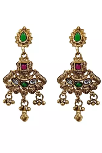 Women gold-toned & green temple antique jewellery set with maang tikka