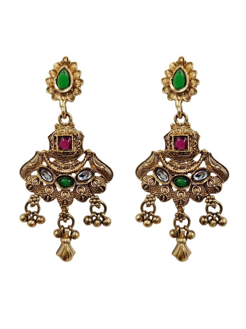 Women gold-toned & green temple antique jewellery set with maang tikka