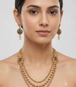 Gold-plated green meenakari & pink kundan-studded multi-strand long necklace set with earrings