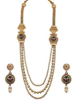 Gold-plated green meenakari & pink kundan-studded multi-strand long necklace set with earrings 2