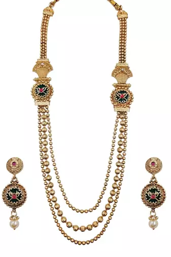 Gold-plated green meenakari & pink kundan-studded multi-strand long necklace set with earrings