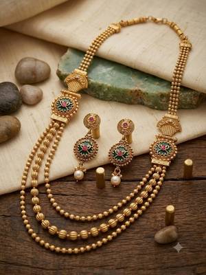 Gold-plated green meenakari & pink kundan-studded multi-strand long necklace set with earrings 4