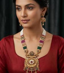 Women antique gold-plated multi-strand beaded rani haar jewellery set with earrings