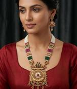 Women antique gold-plated multi-strand beaded rani haar jewellery set with earrings