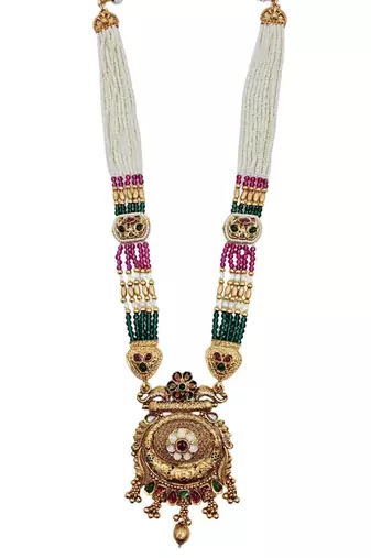 Women antique gold-plated multi-strand beaded rani haar jewellery set with earrings