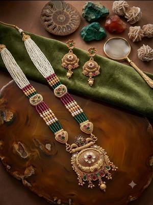 Women antique gold-plated multi-strand beaded rani haar jewellery set with earrings 4