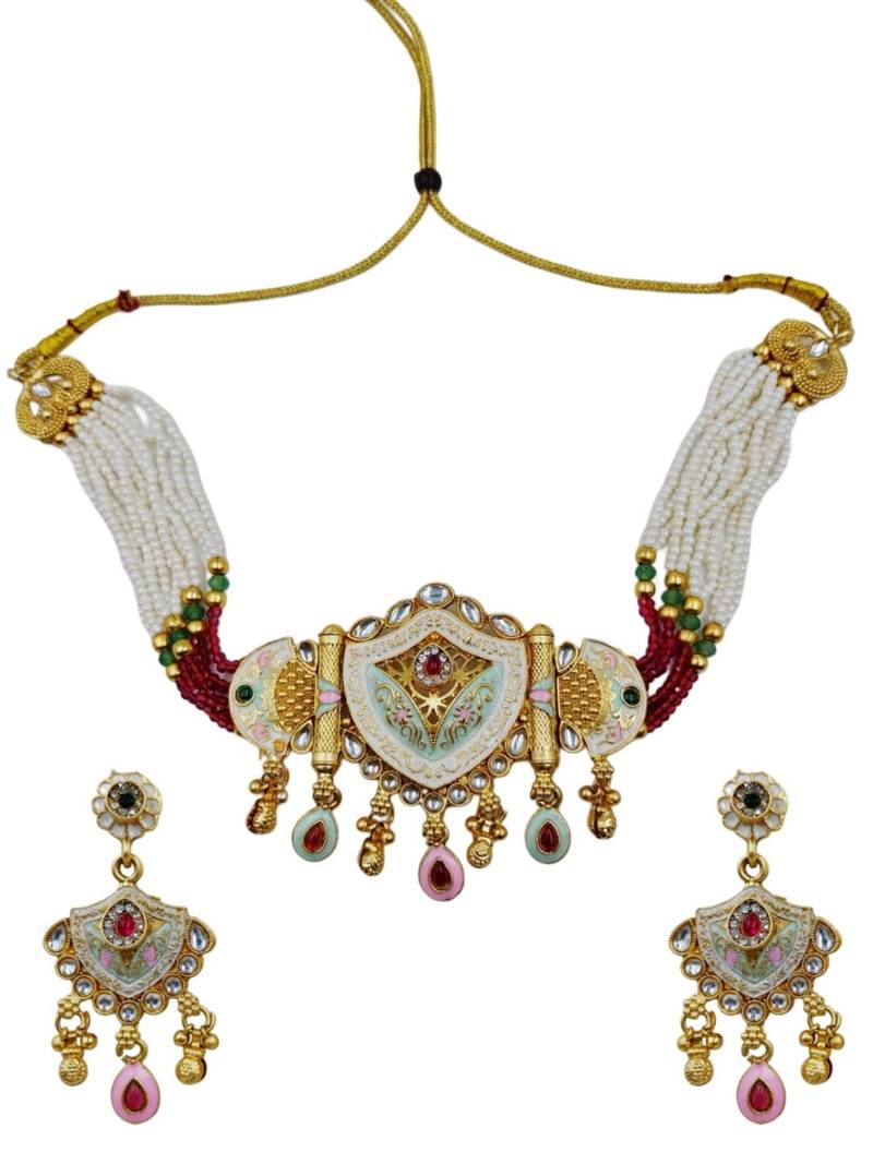 Traditional gold-plated kundan & meenakari choker jewellery set for women