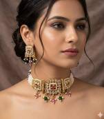 Traditional gold-plated kundan & meenakari choker jewellery set for women