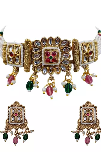 Traditional gold-plated kundan & meenakari choker jewellery set for women