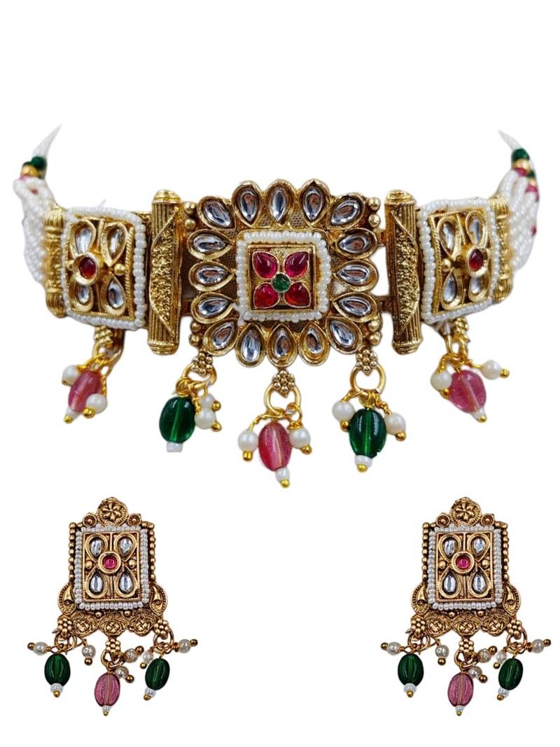 Traditional gold-plated kundan & meenakari choker jewellery set for women