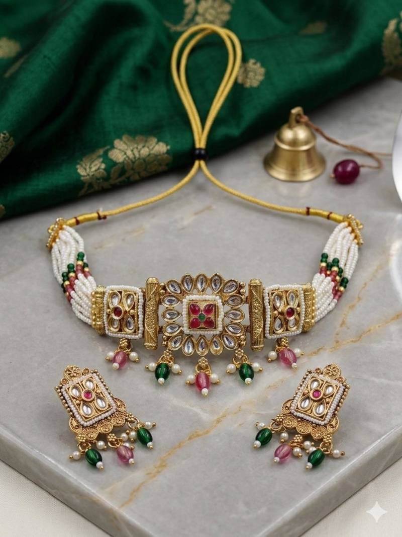 Traditional gold-plated kundan & meenakari choker jewellery set for women